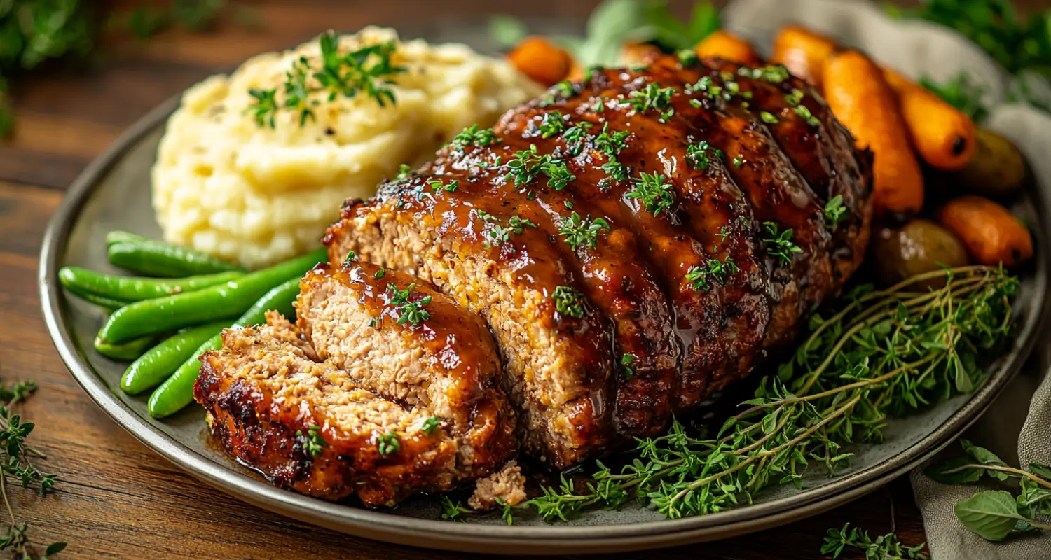 A perfectly baked chicken meatloaf, sliced and served on a plate with a side of roasted vegetables and a drizzle of ketchup glaze.