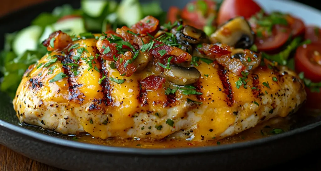 A plate of Alice Springs Chicken topped with melted cheese, crispy bacon, and drizzled with honey mustard sauce, served with a side of vegetables.