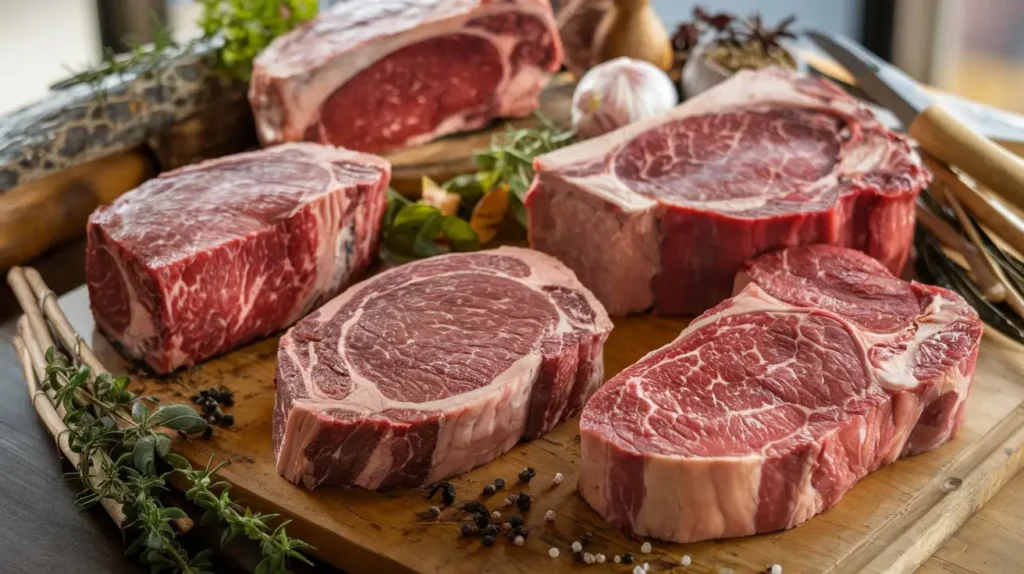 A variety of raw steak cuts, including ribeye, sirloin, and filet mignon, displayed on a wooden cutting board with fresh herbs and seasoning.