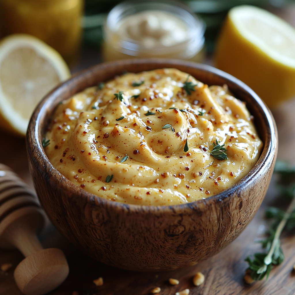 Creamy honey mustard sauce in a small bowl with a smooth texture