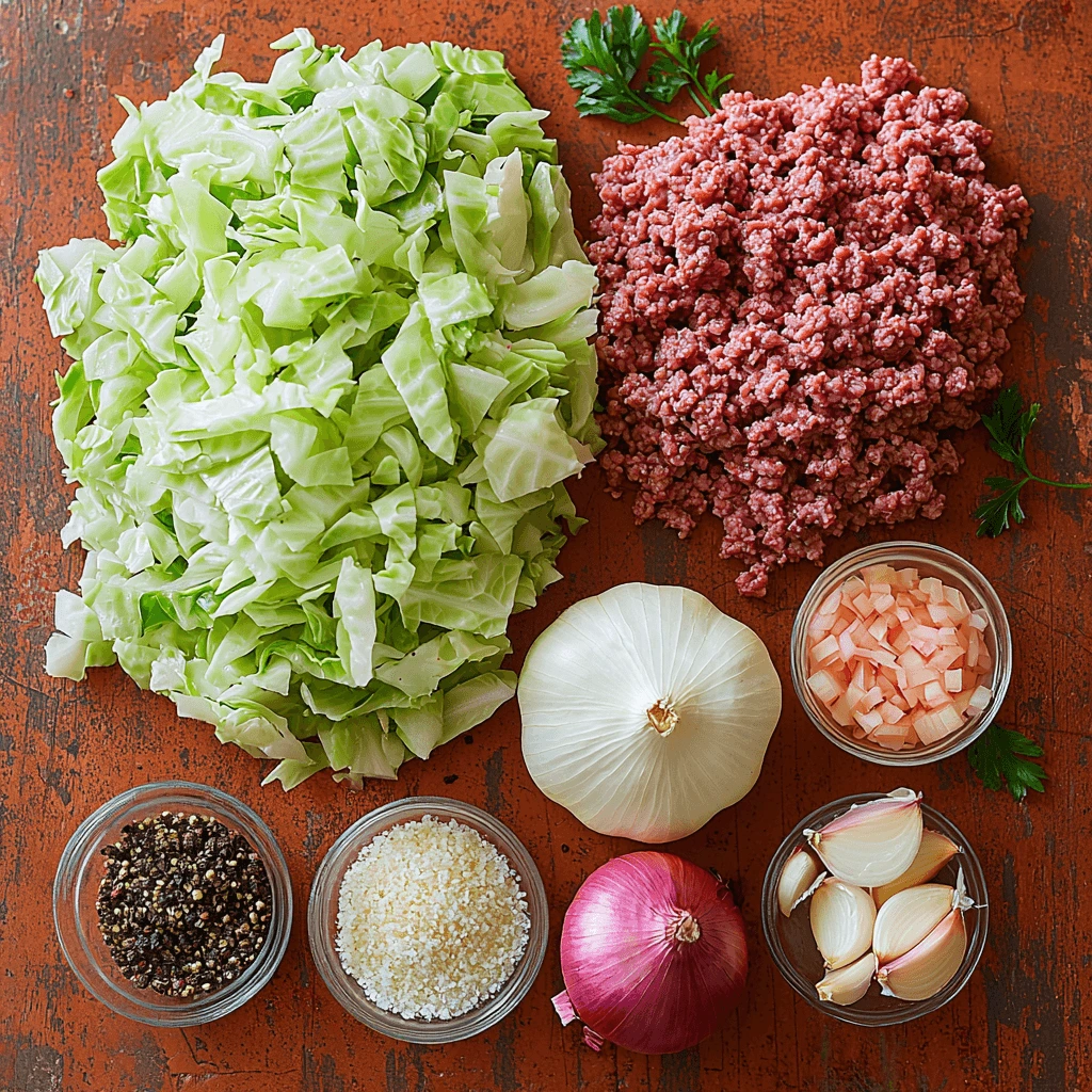 Fresh ingredients for a Ground Beef and Cabbage recipe, including ground beef, a head of cabbage, onions, garlic, carrots, and seasoning, displayed on a wooden countertop.