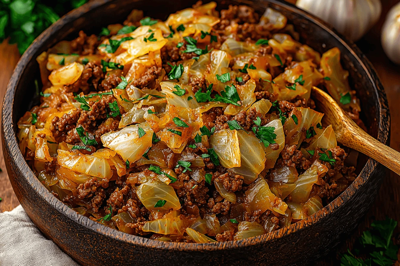 A hearty plate of ground beef and cabbage stir-fry garnished with fresh parsley, served in a white dish on a rustic wooden table