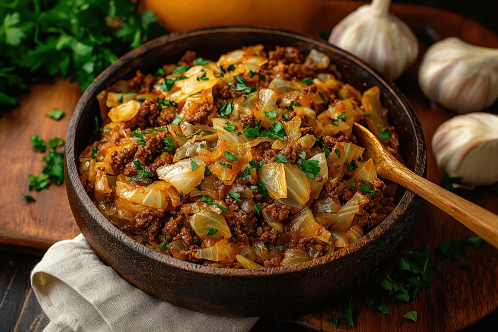 A skillet filled with seasoned ground beef and sautéed cabbage, garnished with fresh parsley, on a wooden countertop with a serving spoon.