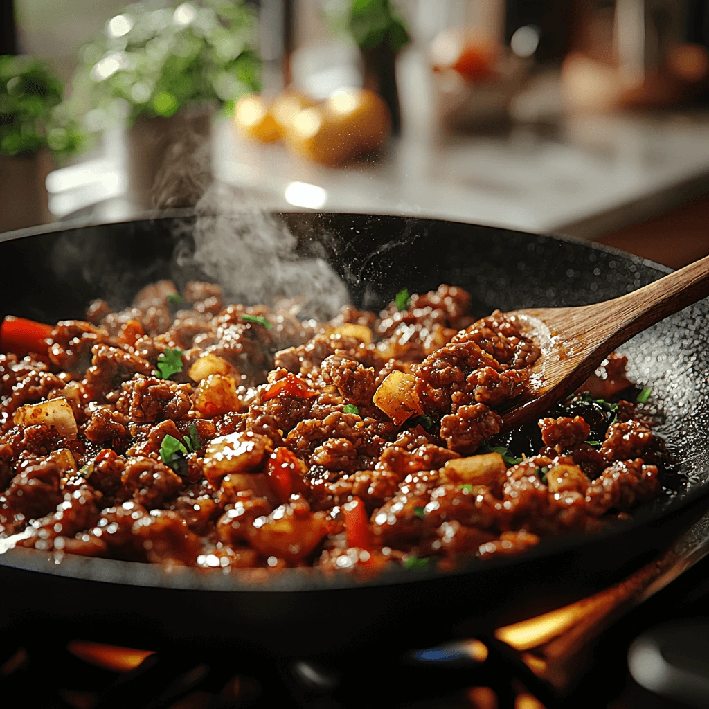 A steaming skillet filled with ground beef, vegetables, and rich sauce, being stirred with a wooden spoon in a cozy kitchen setting.