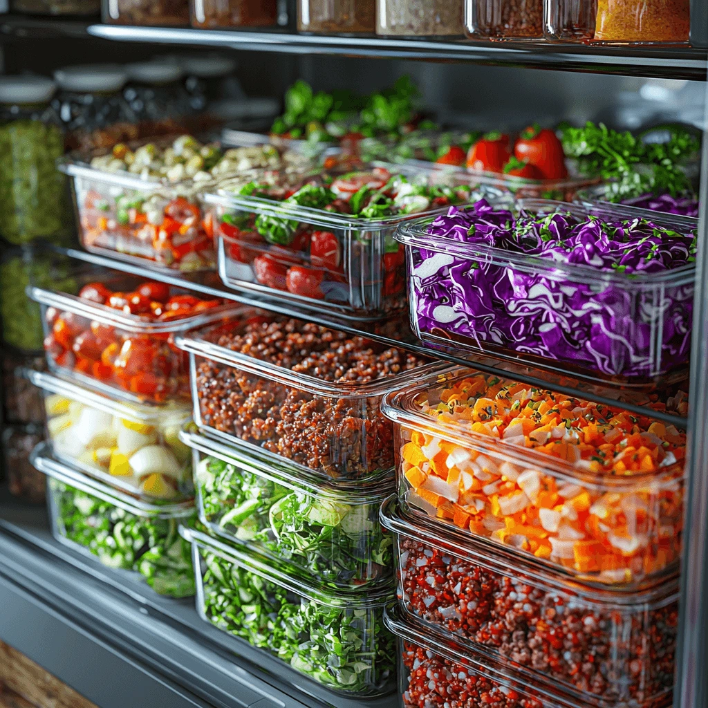 A refrigerator neatly organized with transparent containers filled with vibrant, prepped ingredients, including chopped vegetables, shredded purple cabbage, cherry tomatoes, and lentils.