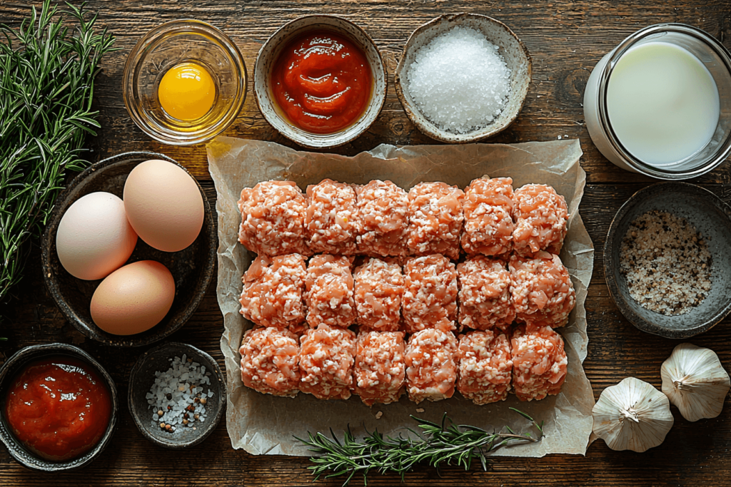 Raw ingredients for chicken meatloaf including ground chicken, breadcrumbs, eggs, and spices on a wooden table.