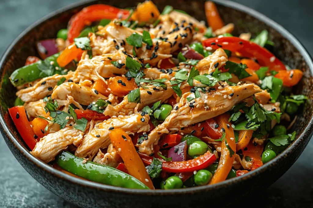 Colorful chicken stir-fry with bell peppers, broccoli, carrots, and sesame seeds served in a bowl.