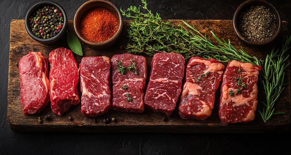 Close-up of thin steak cuts on a cutting board, ready to be cooked