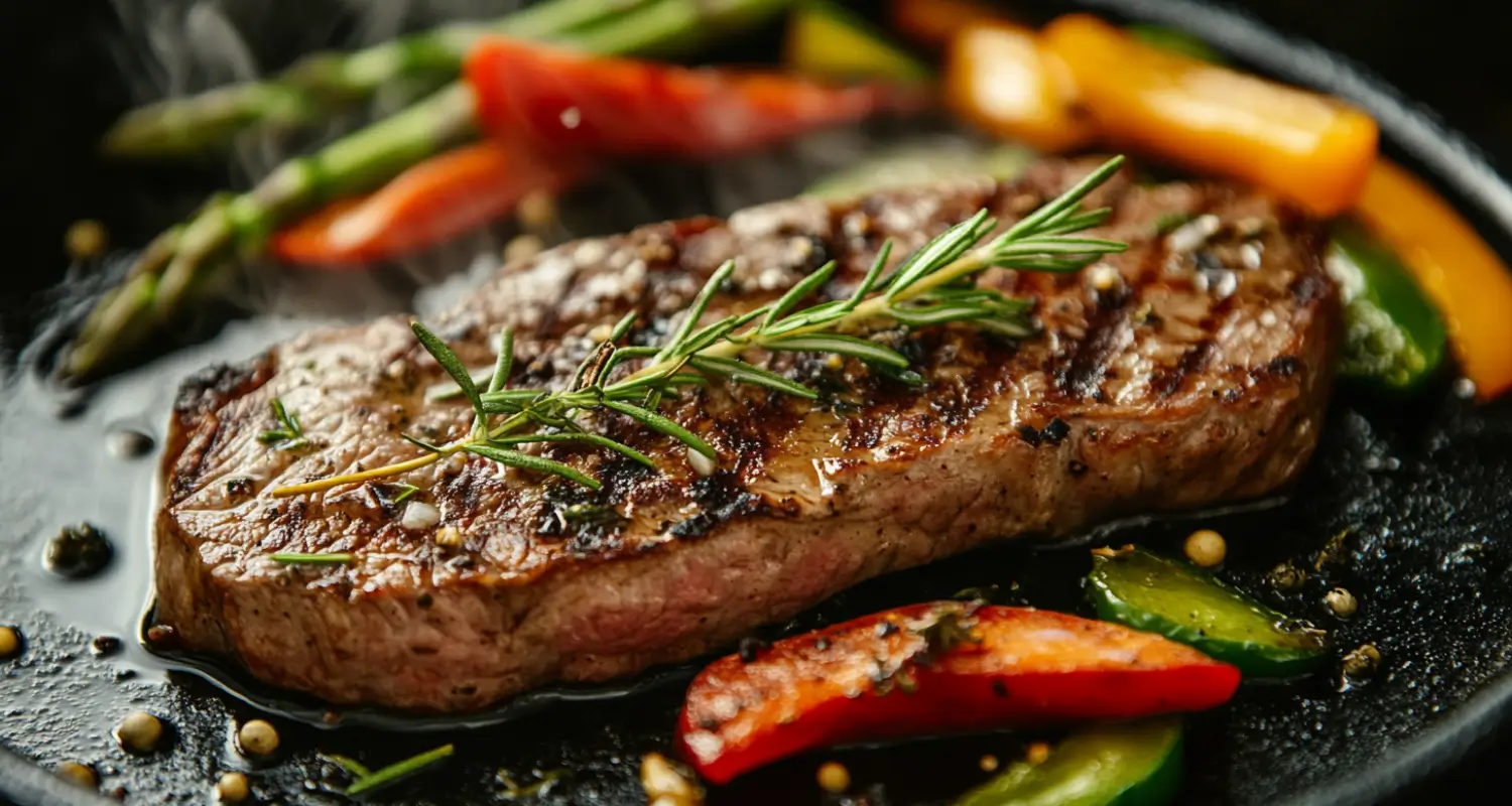 Thin steak dish with perfectly seared edges and vibrant vegetables on a plate