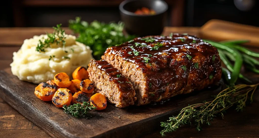 A sliced chicken meatloaf garnished with fresh herbs, served on a wooden cutting board with a side of mashed potatoes.