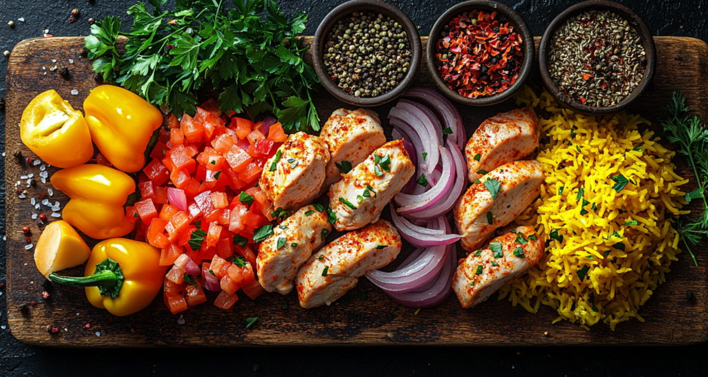 Fresh Chicken and Yellow Rice Ingredients on a Wooden Cutting Board