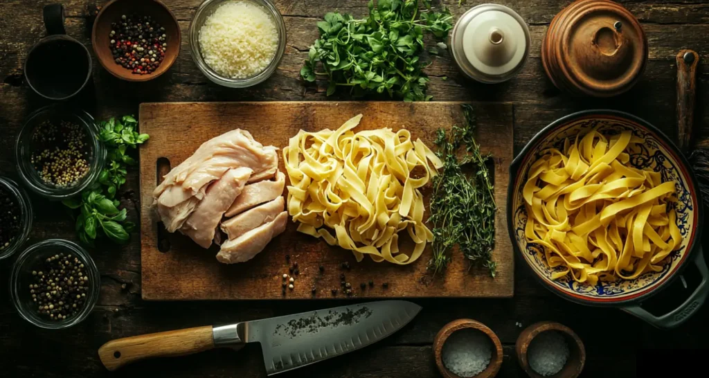 Fresh Ingredients for Creamy Chicken Alfredo Pasta