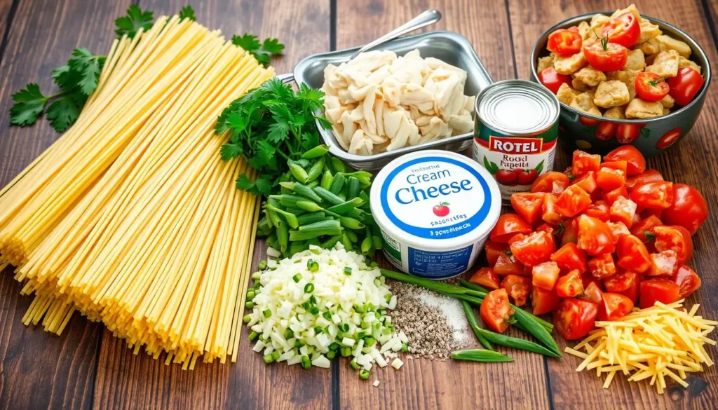 Fresh Chicken Spaghetti Ingredients on a Wooden Table