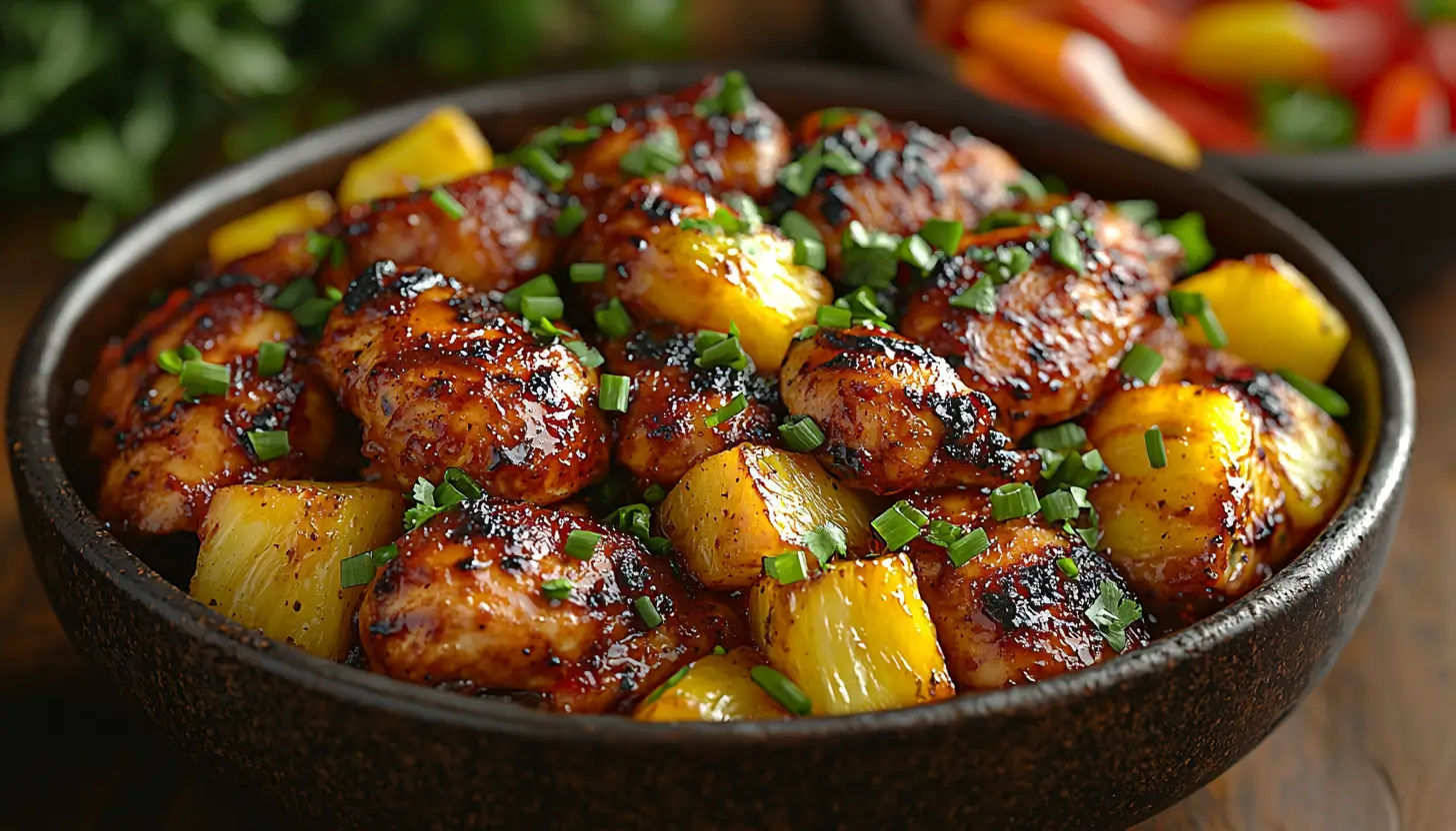 Jezebel chicken crockpot recipe served with a side of rice and vegetables